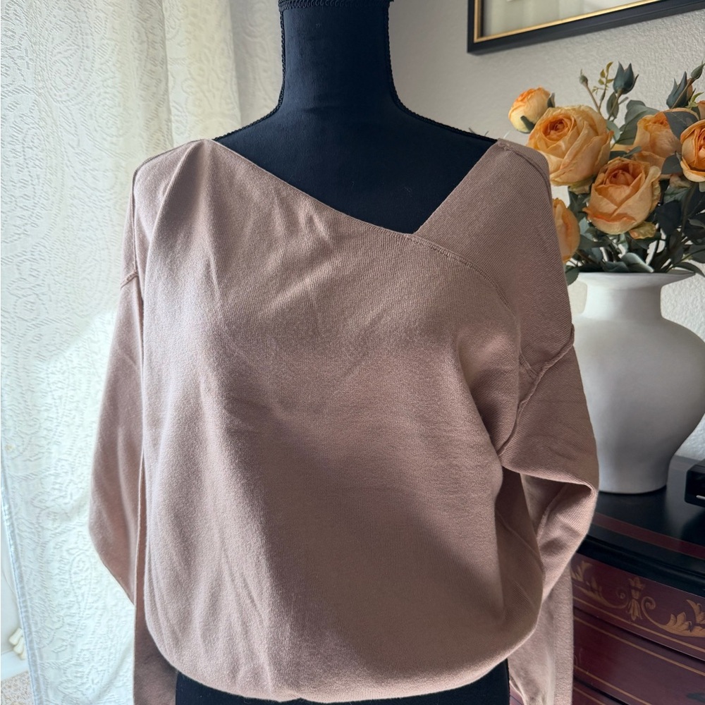 Line & Dot Off-the-Shoulder Sweater in Taupe